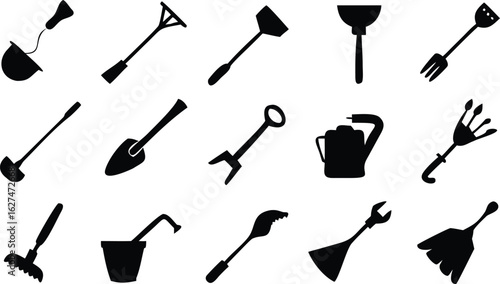 Black silhouette icons of gardeners with tools gardening person