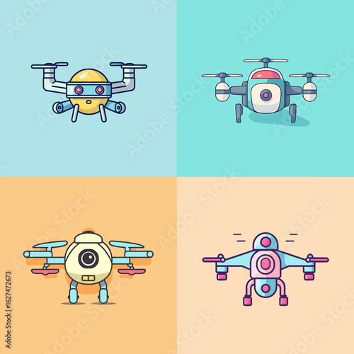 Adorable cartoon-style drones with expressive faces and colorful tech detailing, perfect for playful tech or robotics-themed content.

