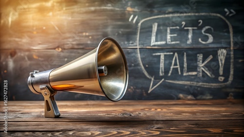Vintage megaphone amplifying a let s talk message on a chalkboard background