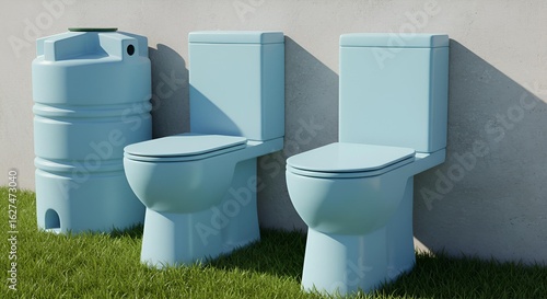 Blue Toilet with Rainwater Tank
