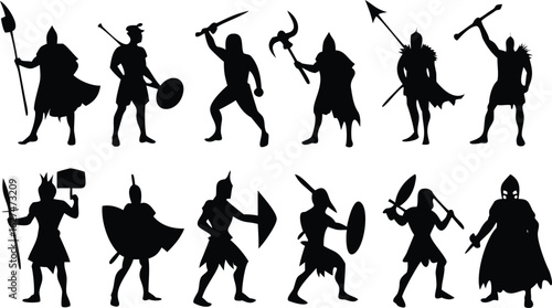 Black silhouette icons of historical warriors knight