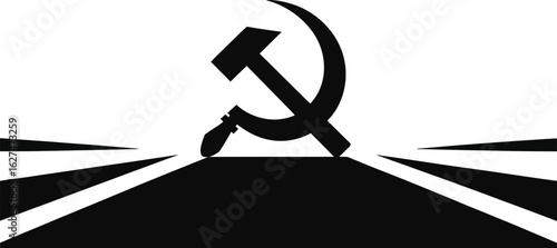 A striking black and white graphic features the iconic hammer and sickle symbol, evoking themes of communism and historical political movements with bold, minimalist design.