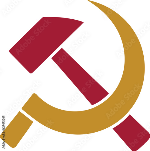 Symbolic representation features a red hammer and golden sickle, evoking historical and political themes, ideal for educational resources and design projects related to history.