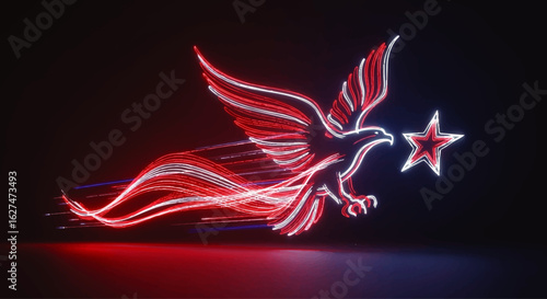 An American eagle, rendered in red and white light trails, soars towards a star on a dark background.