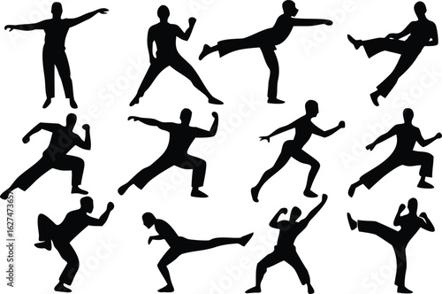 Black Silhouette Icons of Martial Arts Poses on White Background karate kung fu