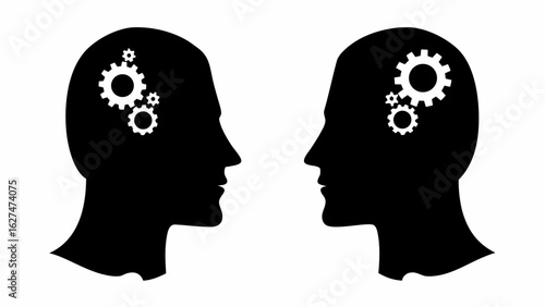Two head silhouettes facing each other with gears inside representing thought and processing power