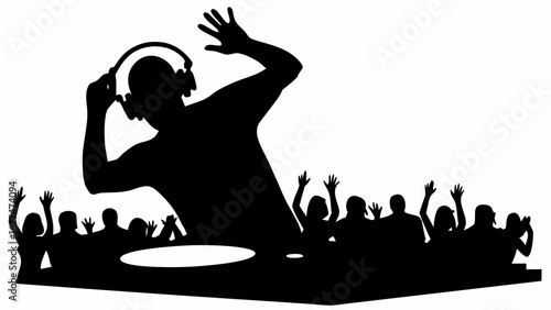 Silhouette of dj with headphones performing for crowd with raised hands in dark monochrome illustration