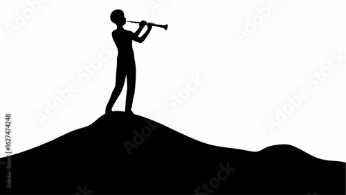 Silhouette of a person playing a wind instrument standing on top of a dark hill against white background