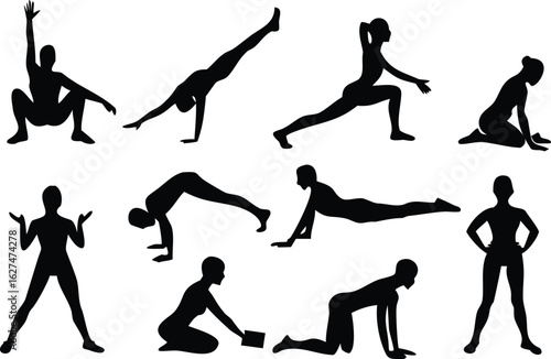 Black silhouette of a person performing a yoga pose on a white background stretching