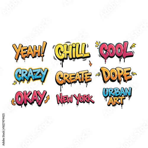 Art of collection of graffitistyle words and phrases like yeah chill cool crazy create dope okay new york urban art for creative projects
