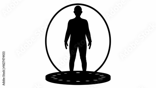 Silhouette of a person standing in a circle on a platform with holes in a black and white image