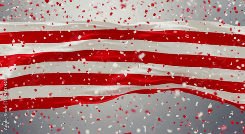 American flag waving in the wind, confetti falling around it.