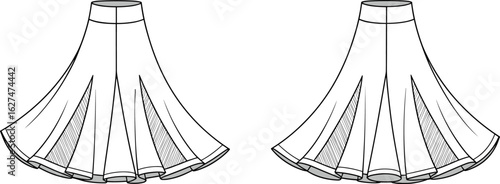 Cad drawing flat vector illustration, technical skirt sketch, pleated design, flared silhouette, garment construction, waistband detail, fashion template, hemline view