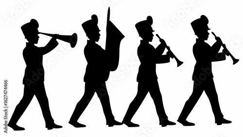 Silhouette of marching band members playing instruments and carrying a flag in a parade line up