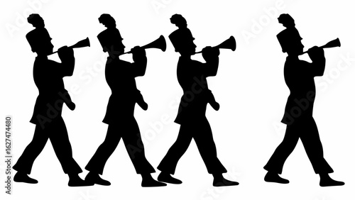 Silhouette of four marching band members playing bugles in a parade formation on a white background