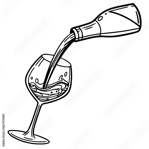 Line art of sparkling champagne being poured from a bottle into a wine glass, creating an effervescent and celebratory scene, perfect for use in festive, social, or celebratory contexts.