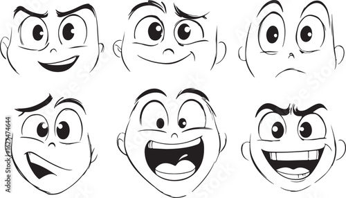 Collection of six expressive cartoon faces showing various emotions and expressions in black and white sketch style