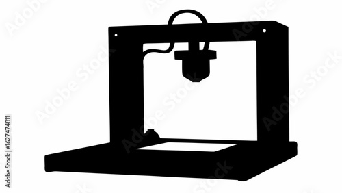 Silhouette of a three d printer with visible frame extruder and base on a white background view