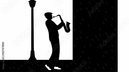 Silhouette of a musician playing saxophone under a street lamp in the rain at night creating a moody scene