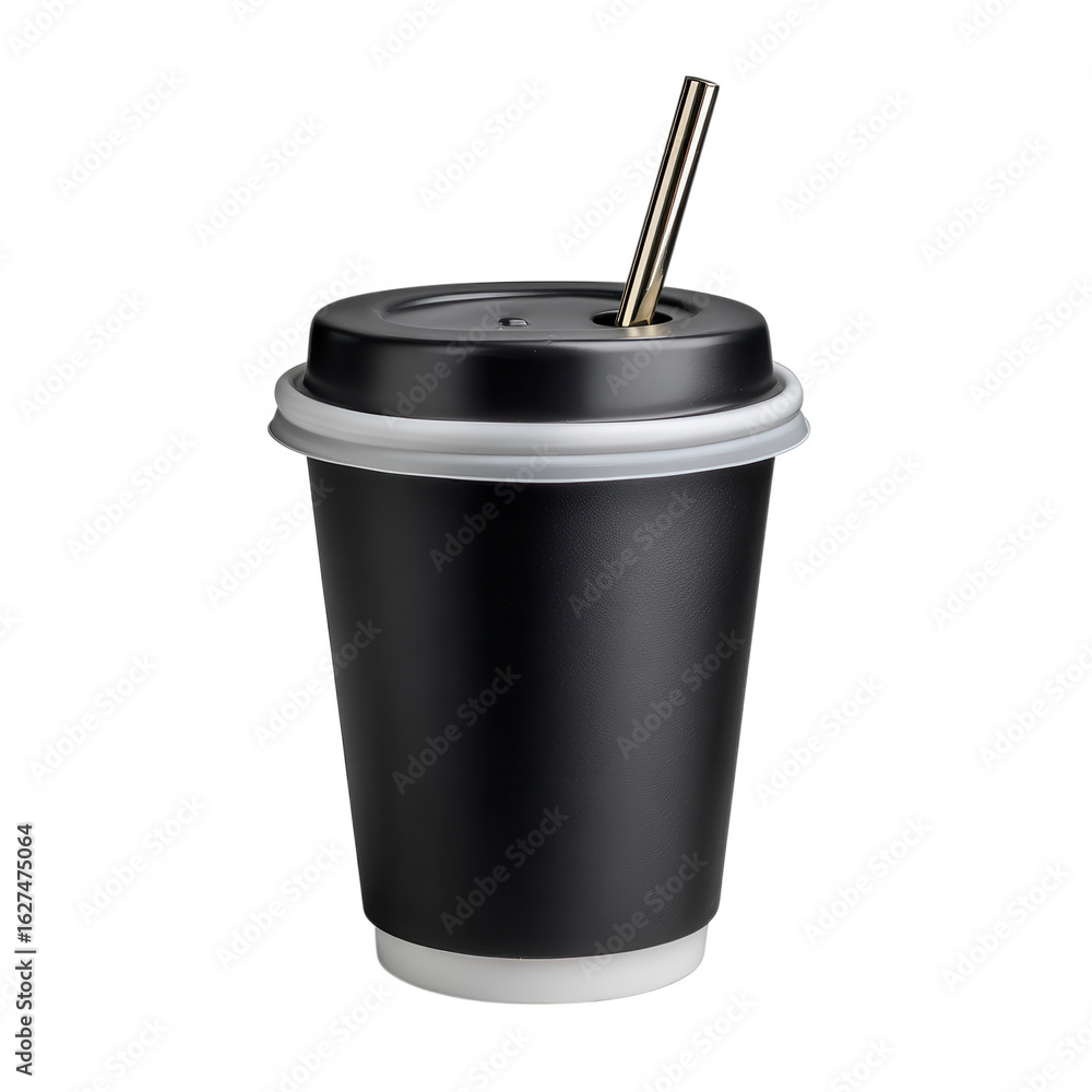 Sleek black disposable coffee cup with a golden straw and white lid isolated on transparent background Sleek black disposable coffee cup with a golden straw and white lid isolated on transparent background