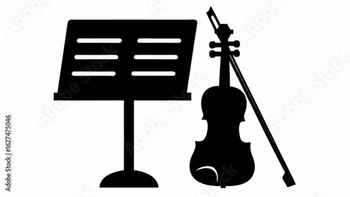 Silhouette of a violin and bow leaning against a music stand with sheet music displayed on it