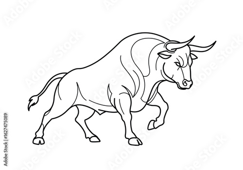 Bull drawing. It is a black and white outline image of a bull, a powerful and strong animal with horns, depicted in a ready-to-charge stance. Vector sketch line art draw.