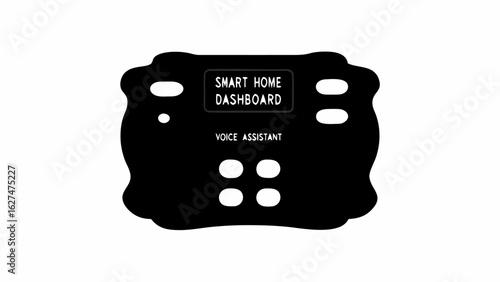 Illustration of a smart home dashboard with voice assistant and button controls in black and white design
