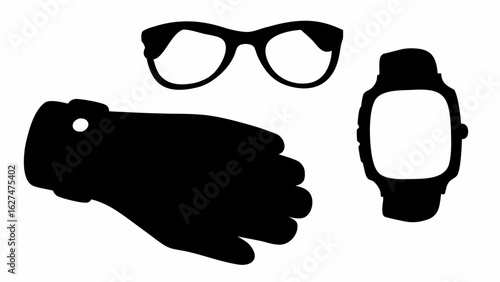 Silhouette of glasses hand with a watch on it and a cufflink on the cuff of the hand shirt