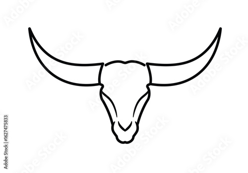 Bull horn drawing. It is a black and white outline image of bull horns, depicting a bull skull or a pair of horns. Vector sketch line art draw.