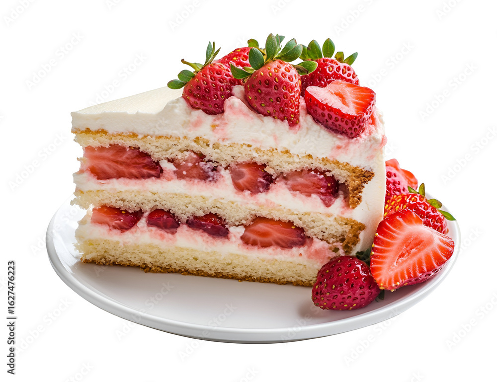 A slice of strawberry shortcake with whipped cream and fresh strawberries, on a plate with a fork, isolated on white A slice of strawberry shortcake with whipped cream and fresh strawberries, on a plate with a fork, isolated on white
