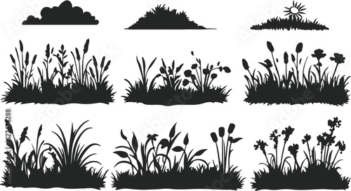 Collection of black silhouette illustrations of various wild grasses and reeds in different natural settings