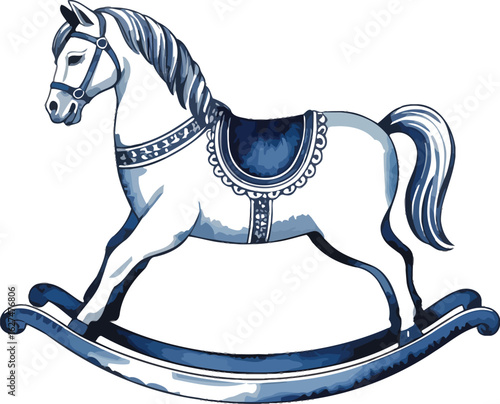 A charming watercolor painting showcases a vintage rocking horse toy, rendered in delicate shades of blue, perfect for nursery decor, children's illustrations, or nostalgic designs.