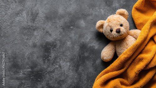 Teddy bear nestled in orange blanket on dark gray surface