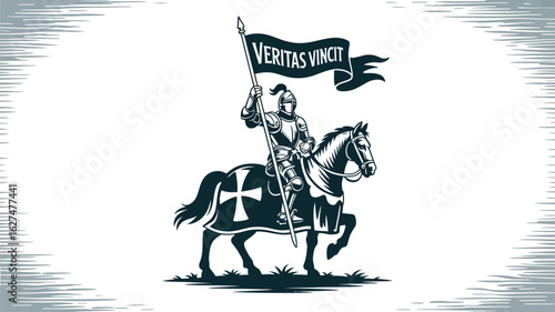 A knight in shining armor rides a horse, holding a flag that reads Veritas Vincit, showcasing a symbol of truth and victory in a medieval or historical context.