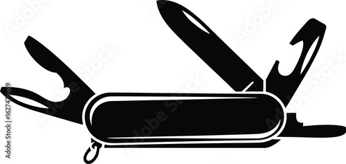 A versatile pocket knife illustration in black silhouette showcases multiple tools, perfect for camping, outdoor adventures, and everyday carry, highlighting its utility and compact design.