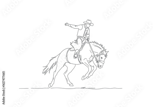 Bronc riding drawing. It is a black and white outline image of bronc riding, depicting a cowboy on a bucking horse in a dynamic rodeo scene. Vector sketch line art draw.