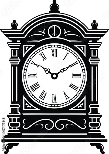 Elegant silhouette of an antique mantel clock showcases intricate details and classic design, perfect for vintage themes, time management concepts, or decorative design projects.