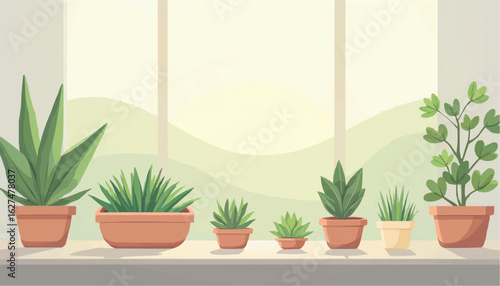 Collection of Green Potted Plants in Various Sizes on Light Windowsill