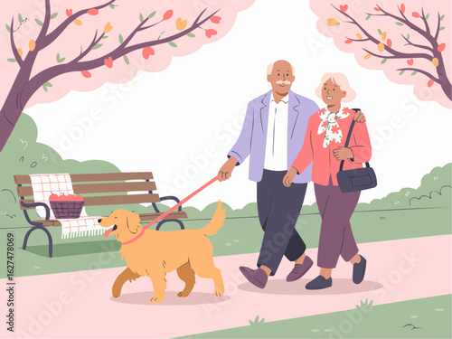 Elderly Pair Walking Dog in Urban Park, Soft Pastel Flat Vector with Gentle Hand-Drawn Style