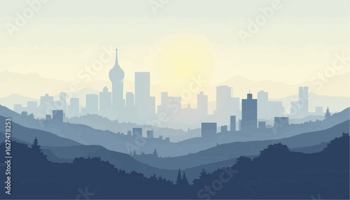 City Skyline with Tower and Mountain Hills During Sunrise in Soft Pastel Colors