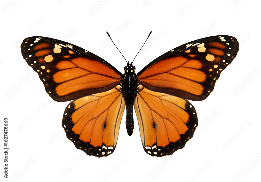 Fototapeta premium The splendor of a Monarch butterfly, captured with precision on a pure white backdrop.