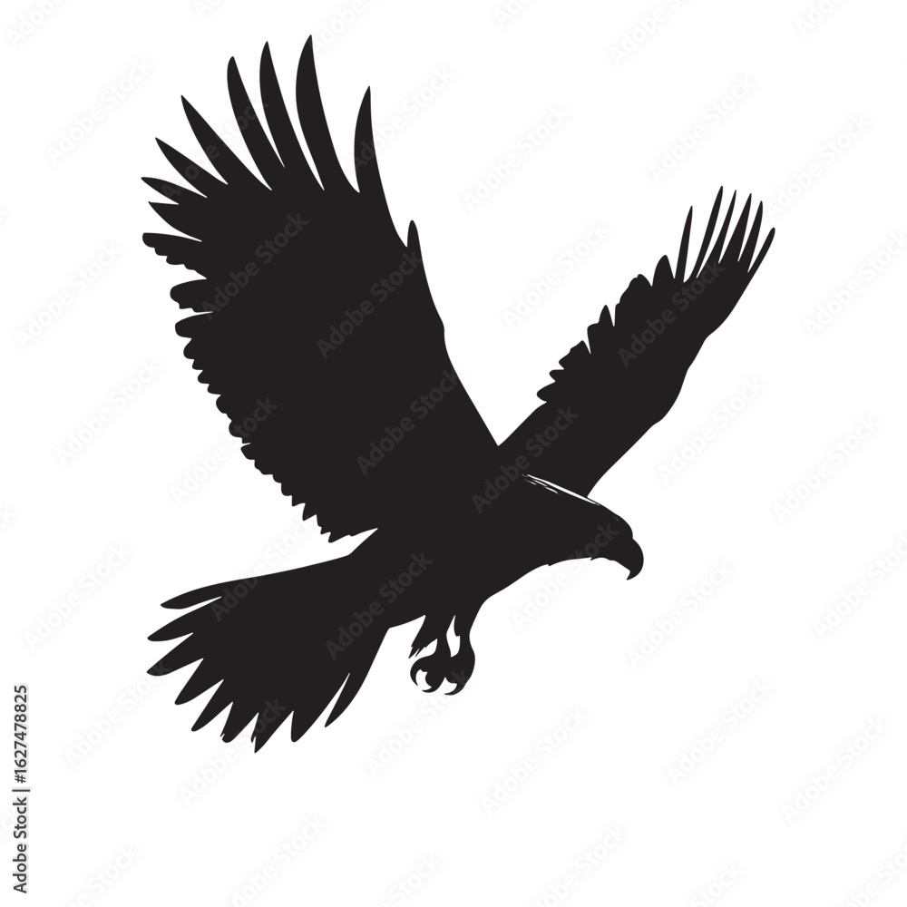 Obraz premium A solitary black silhouette of an eagle soars above stark mountains and a clean white background
