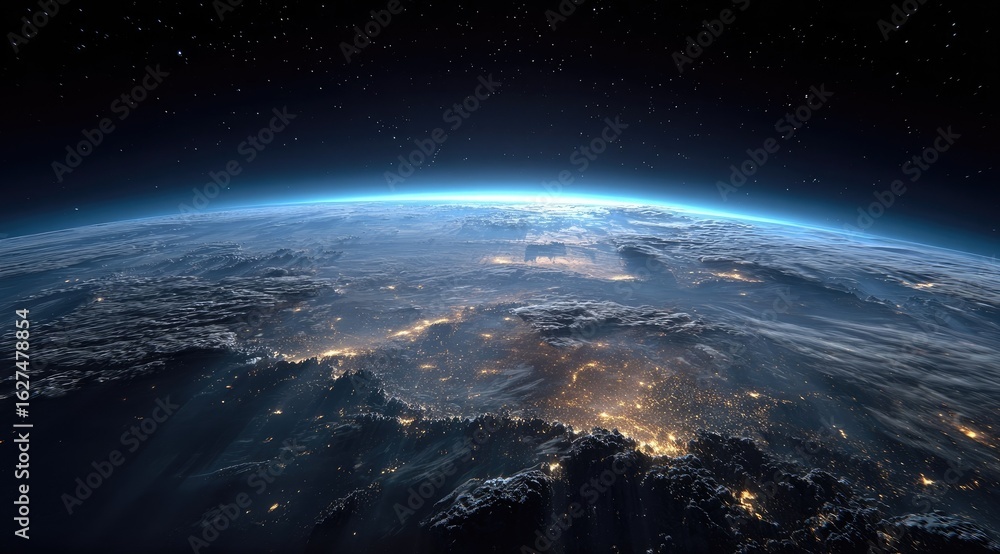 Obraz premium Earth's curvature, city lights at night, viewed from space