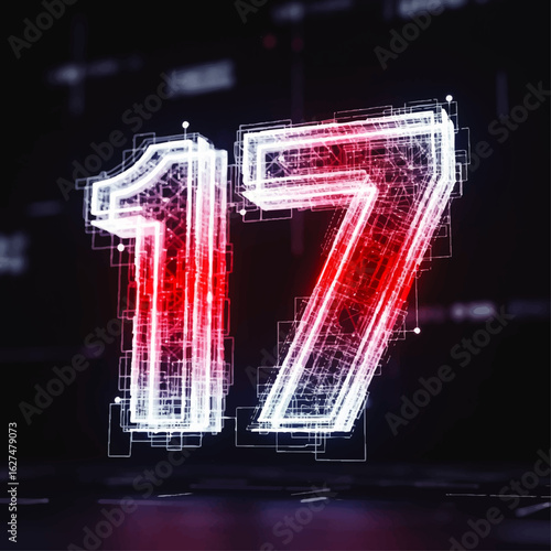Digital representation of the number seventeen, glowing with red and white lines.