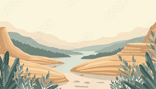 Serene Landscape Illustration of Mountain River with Green Foliage and Soft Colors