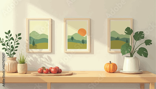 Minimalist Nature Landscape Artwork with Green Mountains Sun and Trees in Modern Frame Wall Decor
