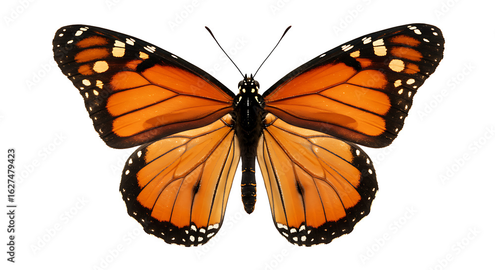Fototapeta premium Striking orange and black Monarch butterfly, perfectly symmetrical with detailed wing patterns.