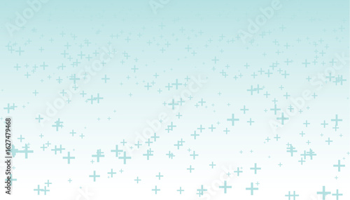 The image is decorated with scattered plus-sign or cross-shaped particles in various sizes, creating a dynamic sense of digital or positive energy.