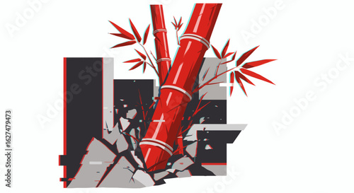 Bamboo spear and shattered city silhouette in red and white style