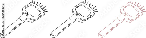 Pet grooming rake illustration, black, red line drawing, tool, fur remover, vector, detailed design